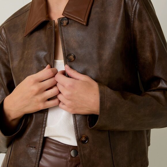 Brooks Faux Leather Long Sleeve Cropped Jacket | Chocolate Brown Fall and Winter - Picture 7 of 11